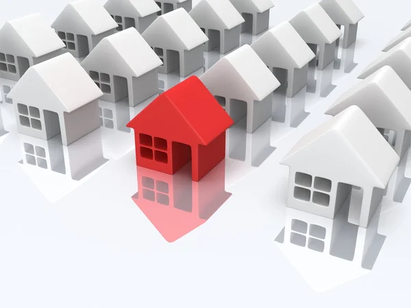 White blank houses and red one. 3d render. — Stock Photo, Image