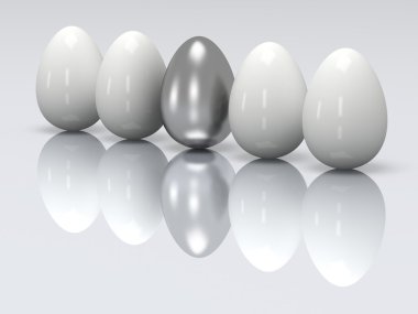 Çelik yumurta beyaz yumurta üst üste. 3D.