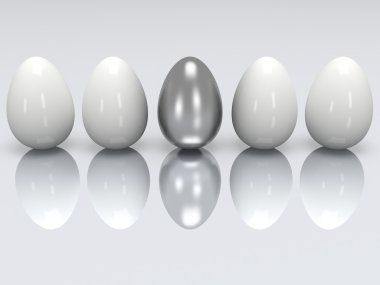 Çelik yumurta beyaz yumurta üst üste. 3D.