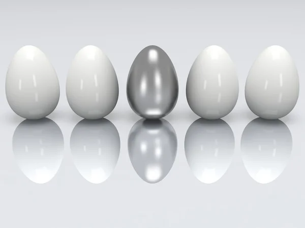 Stalen ei in een rij van de witte eieren. 3D. — Stockfoto