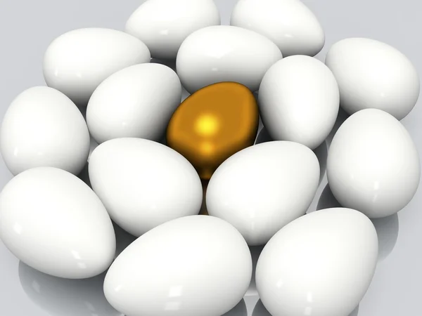 Unikke gyldne æg blandt hvide æg - Stock-foto