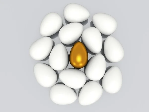 Uovo d'oro unico tra le uova bianche — Foto Stock