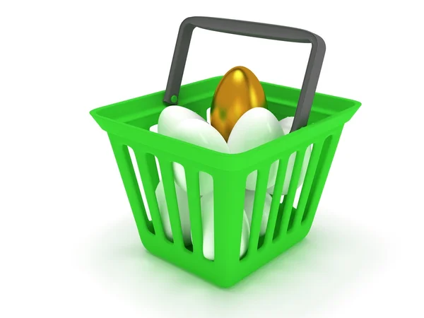 Golden egg among white eggs in shopping basket — Stock Photo, Image