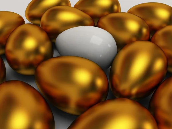 Unique white egg among gold eggs — Stock Photo, Image