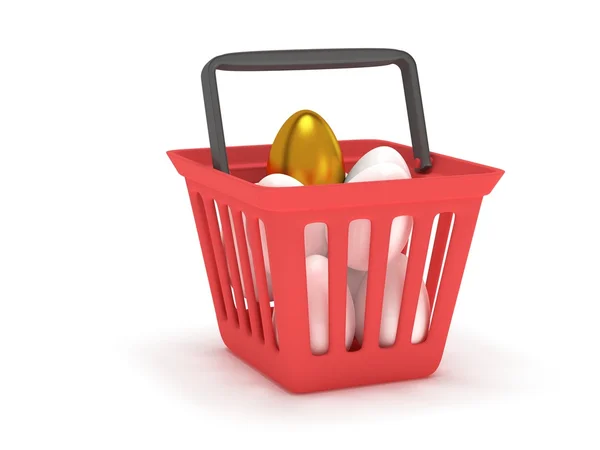 Huevo dorado entre huevos blancos en cesta de la compra —  Fotos de Stock