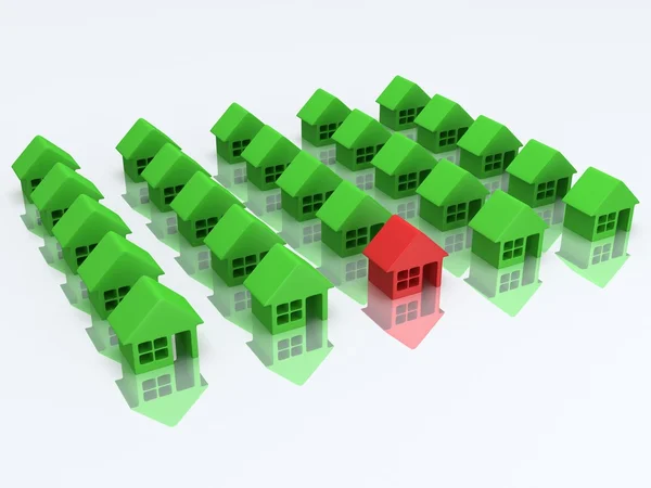 Casas verdes y una roja. 3d renderizar . — Foto de Stock