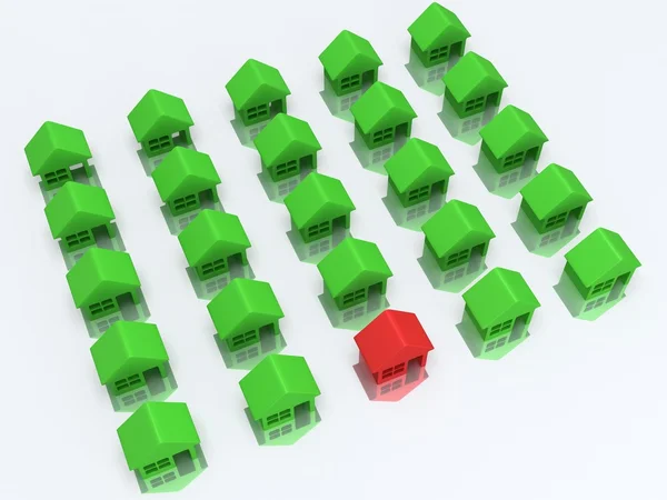 Casas verdes y una roja. 3d renderizar . — Foto de Stock