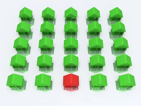 Casas verdes y una roja. 3d renderizar . —  Fotos de Stock