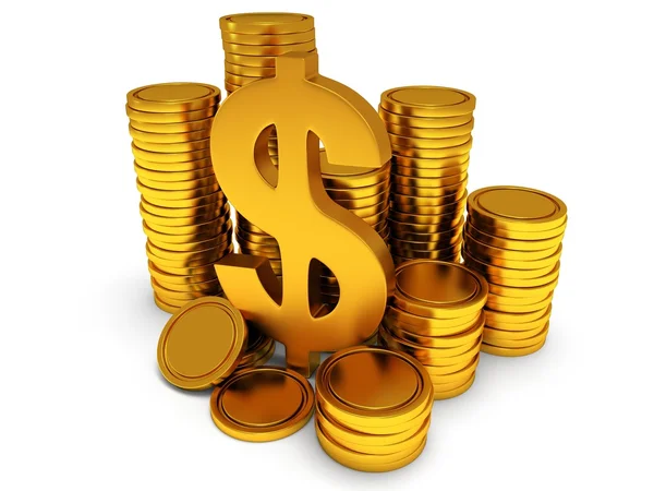 3D dollarteken en gouden munten op wit — Stockfoto