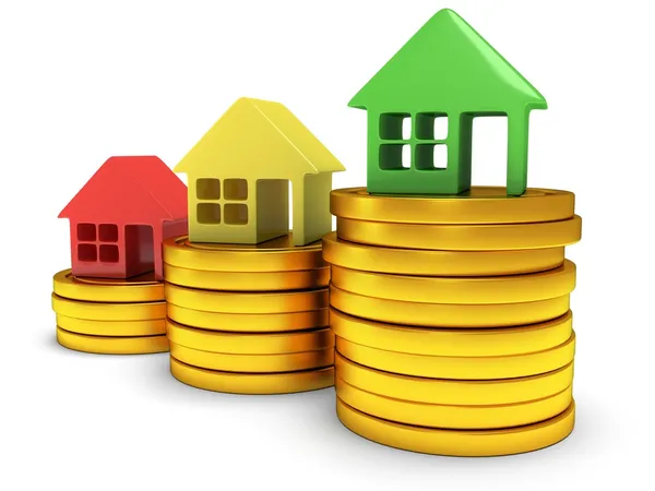 Colored houses one stack of coins. 3d render. — Stock Photo, Image