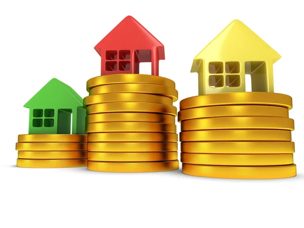 Colored houses one stack of coins. 3d render. — Stock Photo, Image