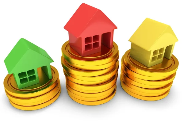 Colored houses one stack of coins. 3d render. — Stock Photo, Image