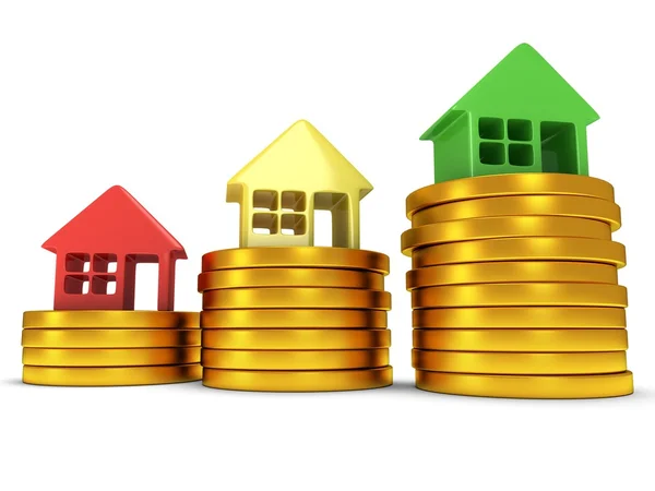 Colored houses one stack of coins. 3d render. — Stock Photo, Image