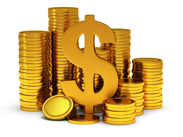 3D Dollar sign and golden coins on white — Stock Photo, Image