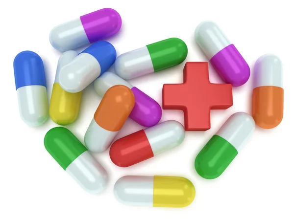 Medical cross and pale of pills 3d — Stock Photo, Image