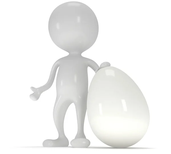 3d homem branco de pé ao lado de um ovo branco — Fotografia de Stock