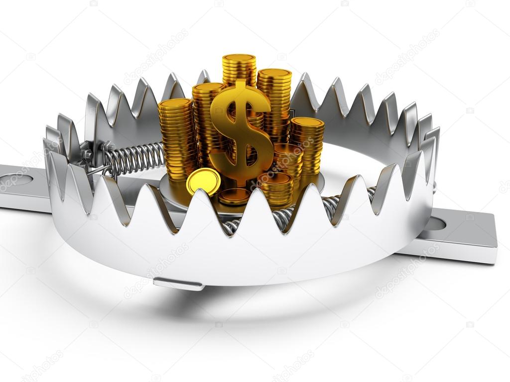 Metal animal trap with money isolated on white