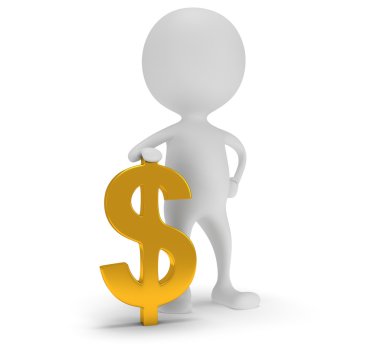 Altın dolar işareti olan 3D beyaz adam stand