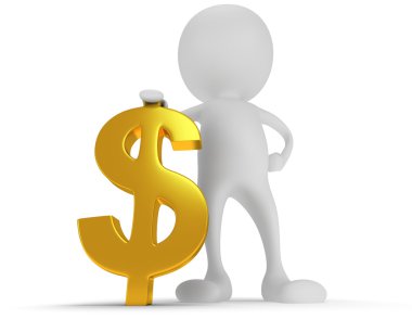 Altın dolar işareti olan 3D beyaz adam stand