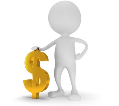 Altın dolar işareti olan 3D beyaz adam stand