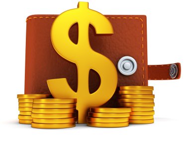3D açık deri cüzdan ve dolar işareti üzerinde beyaz
