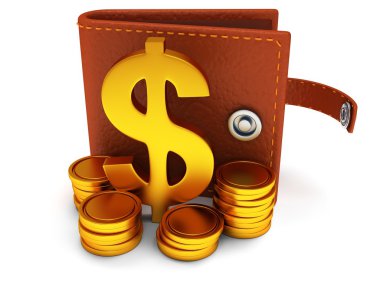 3D açık deri cüzdan ve dolar işareti üzerinde beyaz