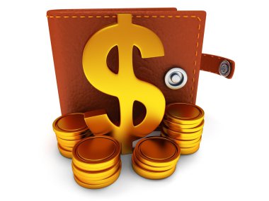 3D açık deri cüzdan ve dolar işareti üzerinde beyaz
