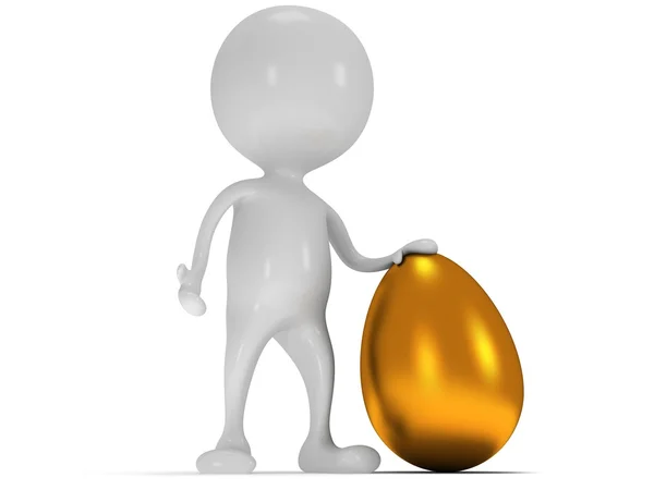 3D bílý muž, který stojí vedle zlaté vejce — Stock fotografie