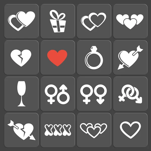 Set of 16 love and gender icons. Vector. — Stock Vector