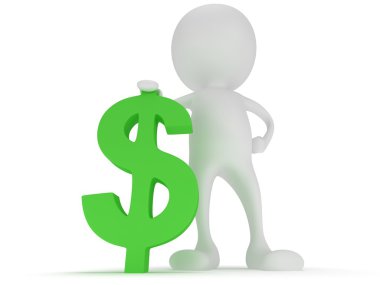 3D beyaz adam ayakta yeşil dolar işareti