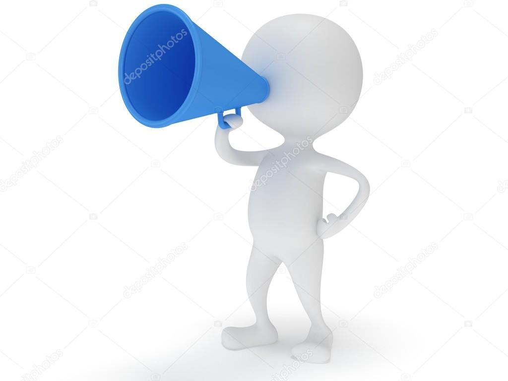 3d white man stand with blue megaphone