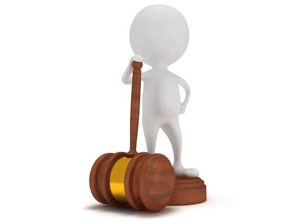 3D man satand with wooden gavel. — Stock Photo, Image