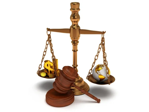 Scales justice with wooden gavel on white. Isolated 3D. — Stock Photo, Image