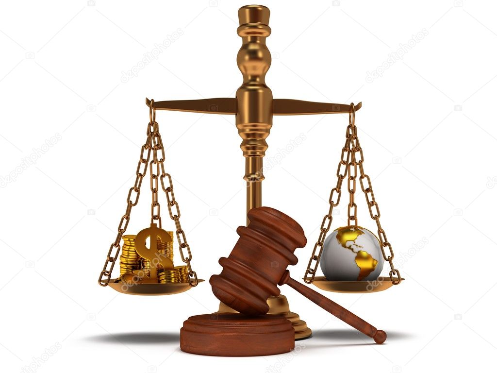 Scales justice with wooden gavel on white. Isolated 3D.