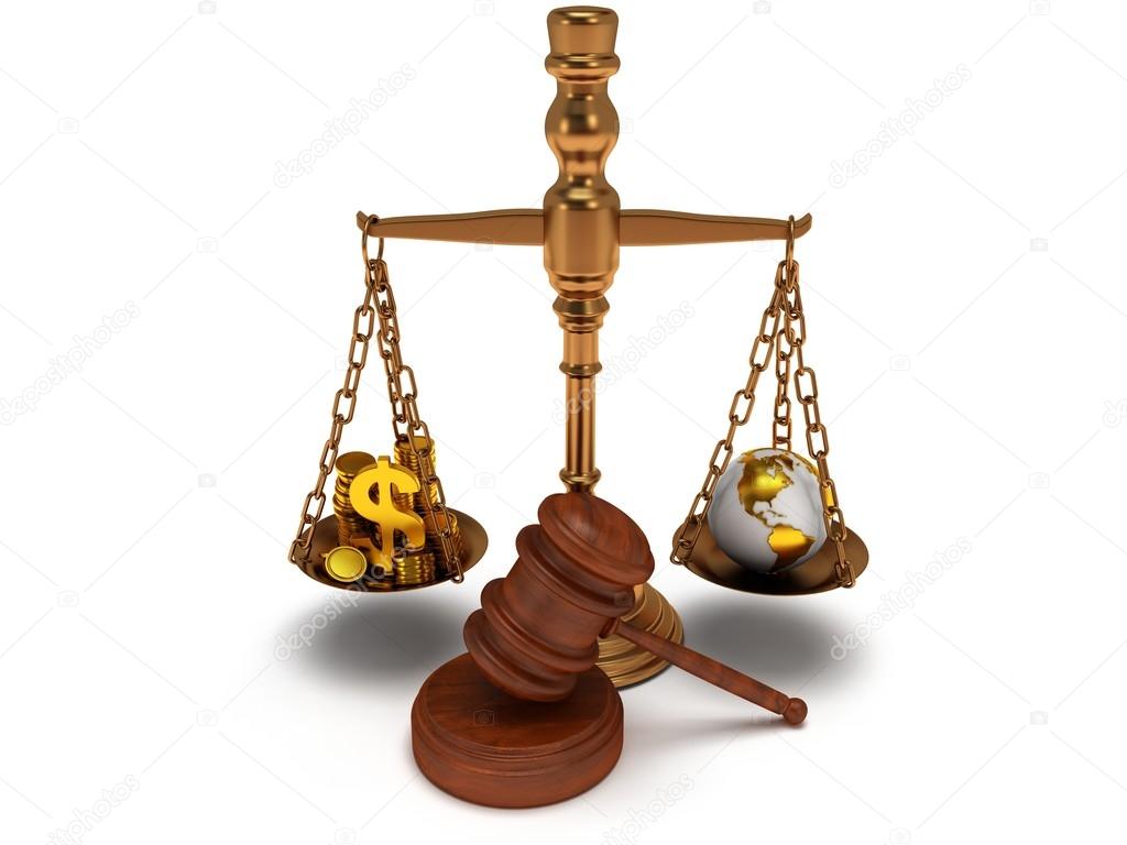 Scales justice with wooden gavel on white. Isolated 3D.