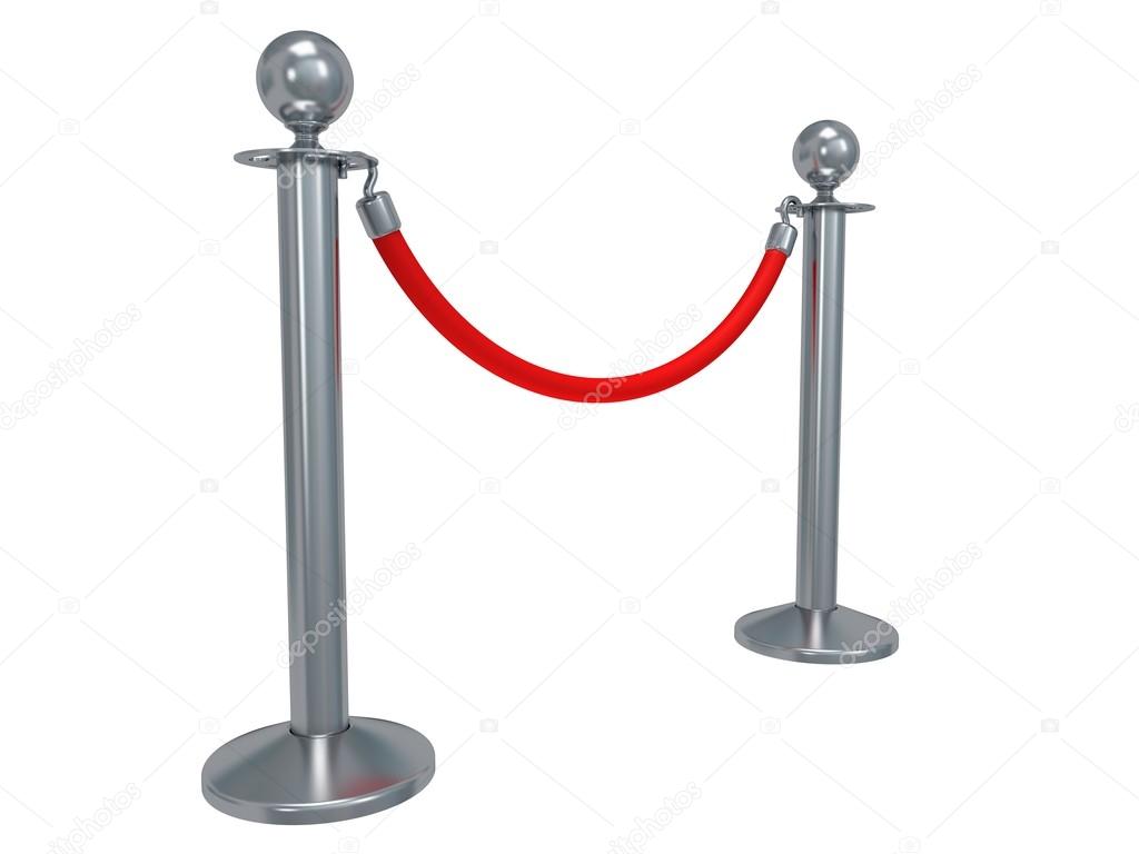 Silver rope barrier over white