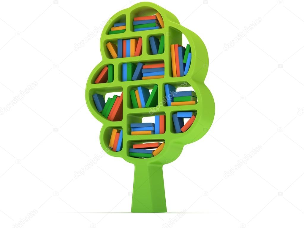 3d Tree of knowledge. Bookshelf on white.