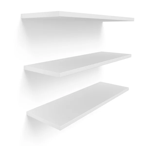 3D three empty blank shelves on white — Stock Photo, Image
