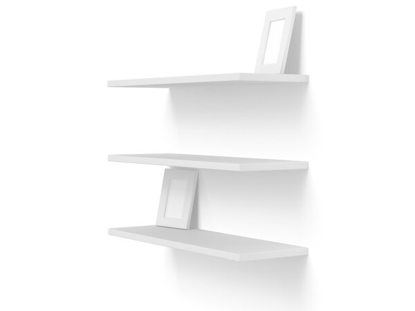 3D three empty blank shelves on white. Template.