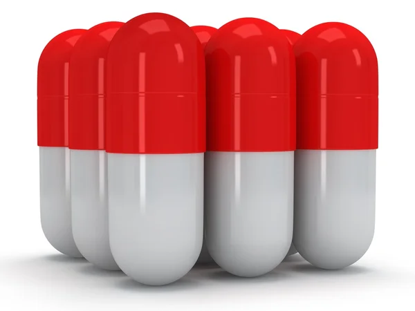 Le pillole mediche 3d stanno come scatola su bianco — Foto Stock