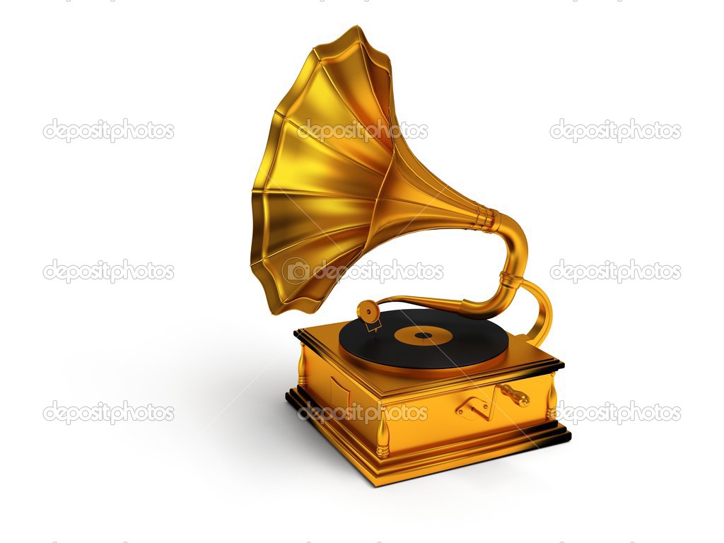3d gold vintage gramophone isolated on white