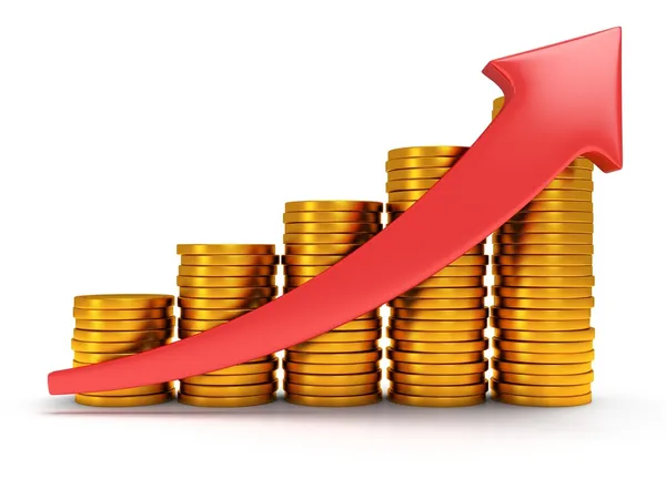 Gold coins bar graph with red arrow — Stock Photo, Image