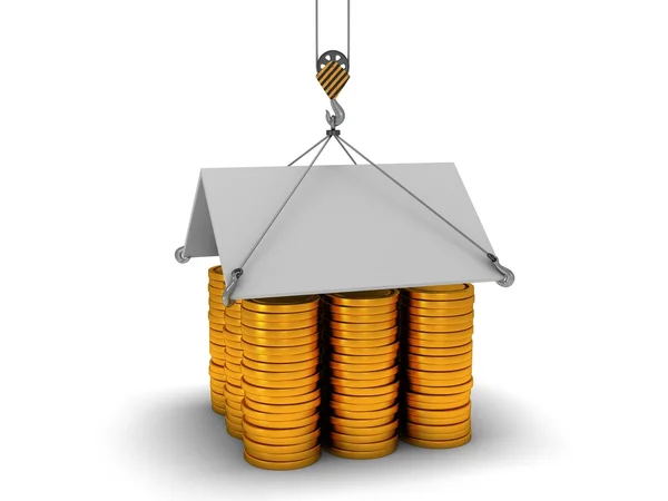 3D house build with gold coins — Stock Photo, Image