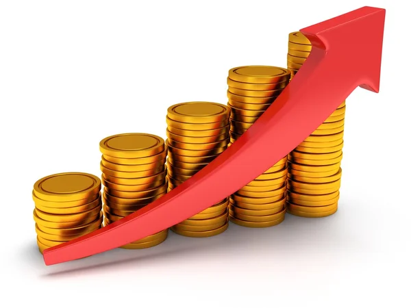 Gold coins bar graph with red arrow — Stock Photo, Image