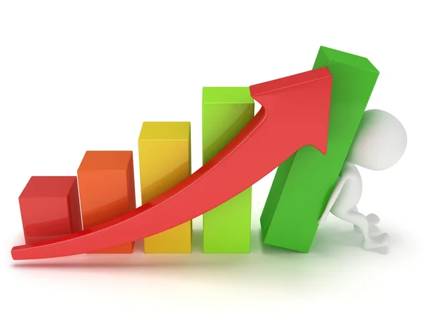 3D colored bar graph with red arrow and man — Stock Photo, Image