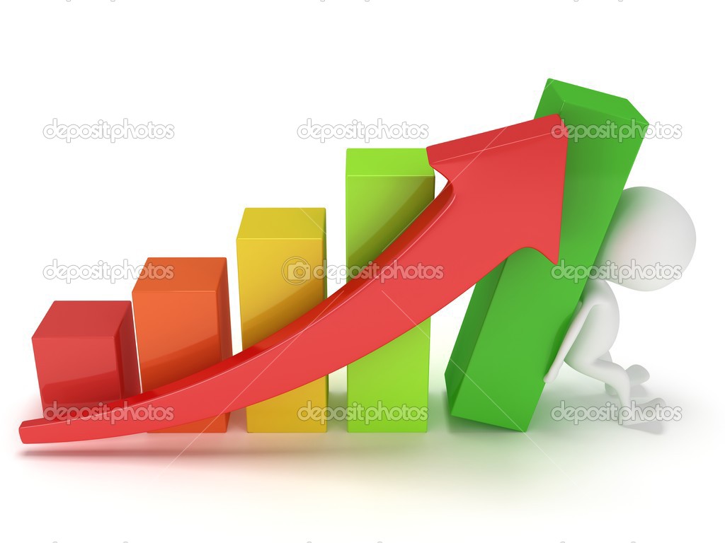 3D colored bar graph with red arrow and man