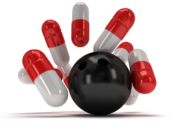 Pilules médicales 3d frapper avec boule de bowling — Photo