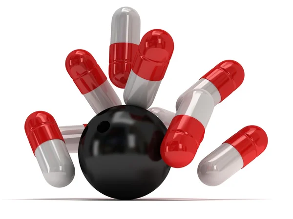 Pilules médicales 3d frapper avec boule de bowling — Photo