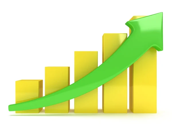 Gráfico de barras amarelas com seta verde — Fotografia de Stock