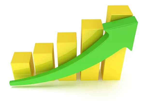 Yellow bar graph with green arrow — Stock Photo, Image